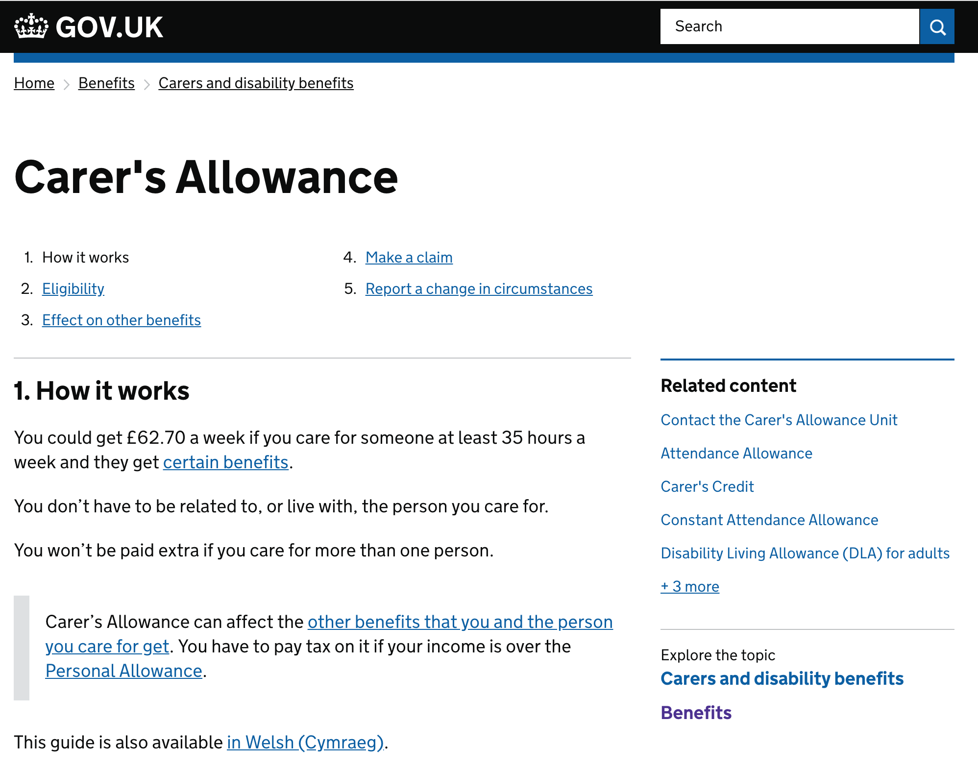 Example of Career’s allowance page with different types of navigation
