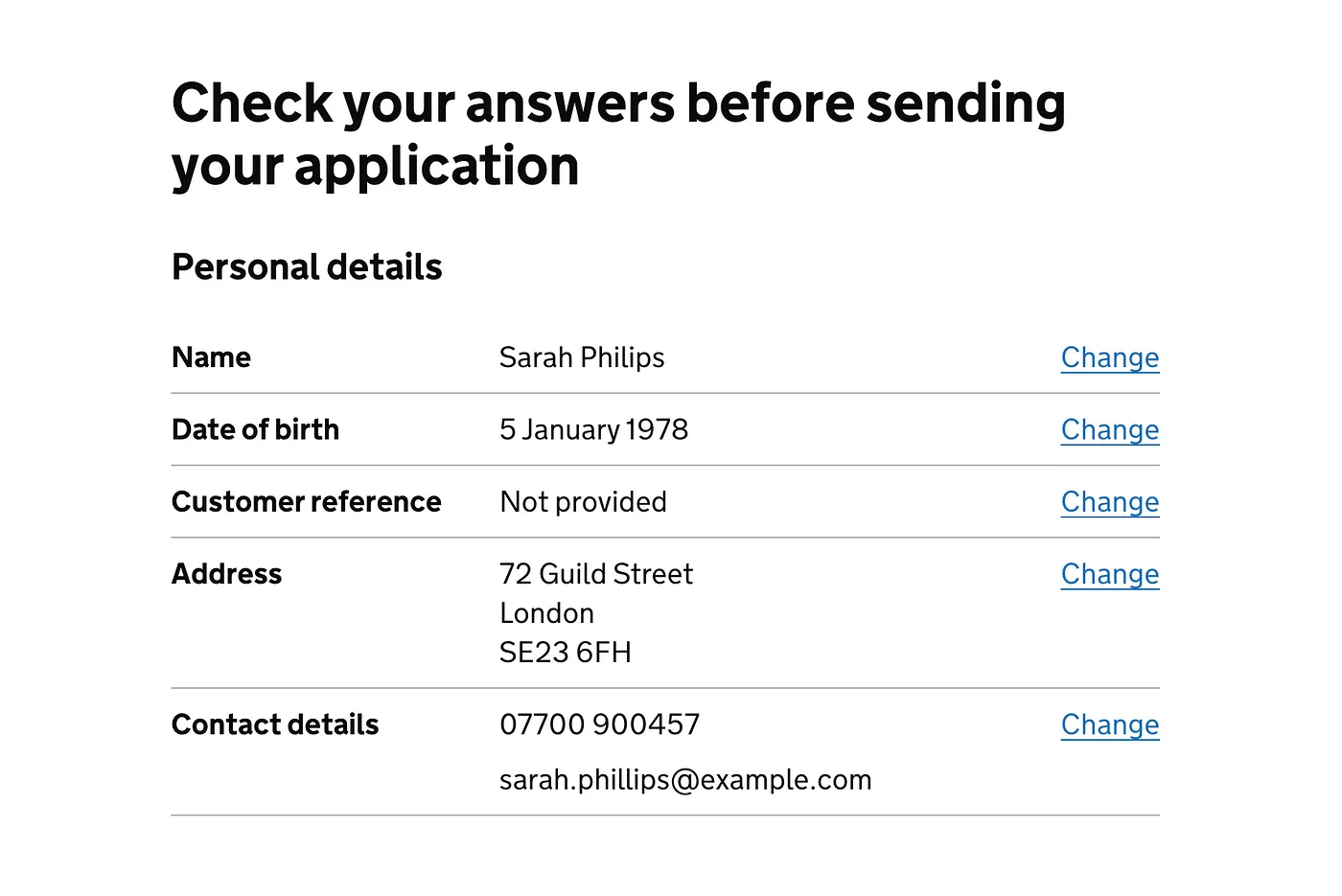 Example of a check your answers form GOV.UK design system