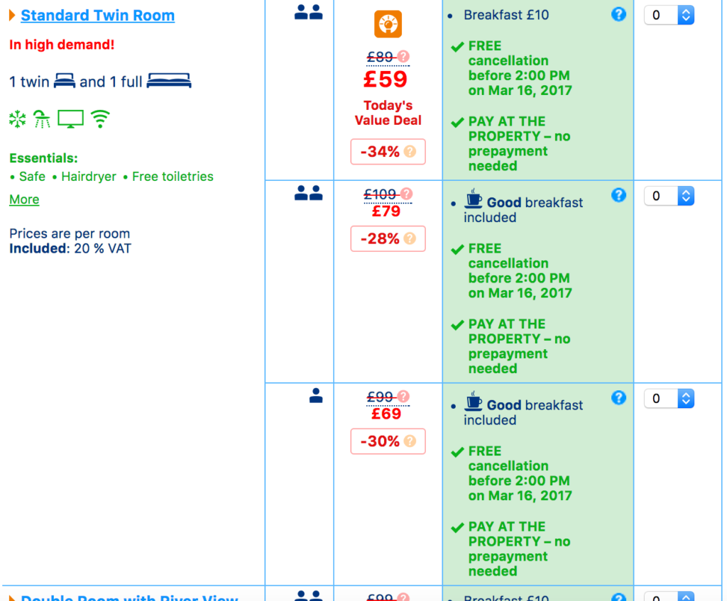 example - booking.com list of hotel rooms